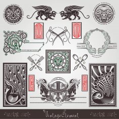 Harf ve Kuşlu Ücretsiz Vektör İçeren Vintage Gravür Eski Element