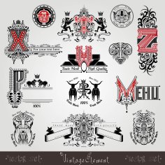 Desenli ve hayvanlı ücretsiz vektörlü vintage heraldik etiketler ve büyük harf seti