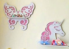 Lazer Kesim Ahşap Raflar Kelebek Unicorn Raf Ücretsiz Vektör