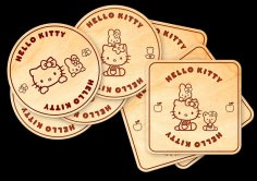 Lazer Kesim Hello Kitty Bardak Altlıkları ve Tutucu Kutusu Ücretsiz Vektör