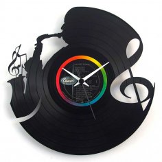 Caz Saati Vintage Müzik Saati Saksafoncu Saati Vinil Saat Lazer Kesim Şablonu Ücretsiz Vektör