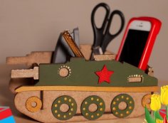 Lazer Kesim Ahşap Tank Şeklinde Masa Düzenleyici Ücretsiz Vektör