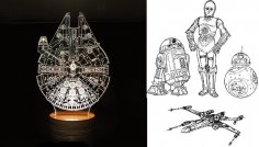 Lazer Kesim Yıldız Savaşları Millenium Droid 3D Optik İllüzyon Lamba Ücretsiz Vektör