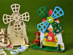 Lazer Kesim Ahşap Mekanik Değirmen Çiftlik Değirmeni 3D Model Ücretsiz Vektör