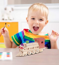 Lazer Kesim Buharlı Tren 3D Ahşap El Sanatları Seti Ahşap Puzzle Ücretsiz Vektör