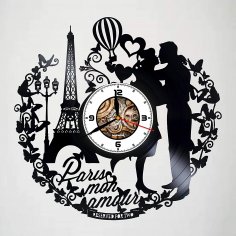 Lazer Kesim Paris Fransa Mon Amour Vinil Plak Duvar Saati DXF Dosyası