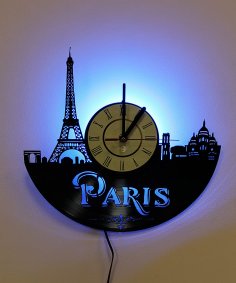 Lazer Kesim Paris Fransa Vinil Plak Duvar Saati DXF Dosyası