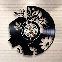Lazer Kesim Çiçekli Kız Vinil Plak Duvar Saati Ücretsiz Vektör