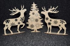 Lazer Kesim Mini Noel Ağacı ve Geyik Masa Üstü Noel Süsleri Ücretsiz Vektör