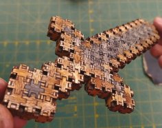 Lazer Kesim Minecraft Kılıcı 3D Puzzle 3mm Kontraplak Parça Boyutu 12x12mm DXF Dosyası
