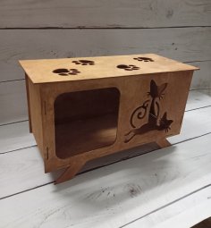 Lazer Kesim Kedi Evi Huş Kontraplak 4mm Ücretsiz Vektör