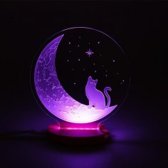 Lazerle Kesilmiş Kedi ve Ay 3D İllüzyon Gece Lambası DXF Dosyası