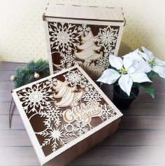 Lazer Kesim Ahşap Yılbaşı Arifesi Kutusu Dekoratif Tatil Hediye Kutusu 250x250x80 Ücretsiz Vektör