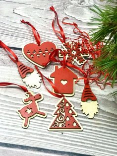 Lazer Kesim Noel Dekorasyonu Oyuncakları Ahşap Ren Geyiği Noel Baba Cüce Süsleri Ücretsiz Vektör
