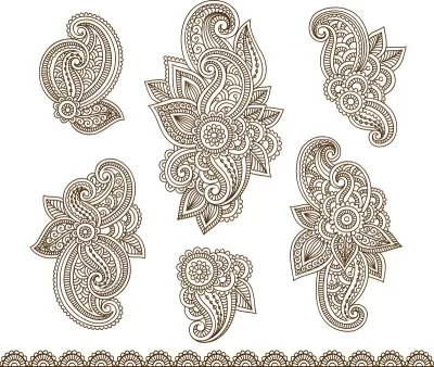 Kına Çizimi Ücretsiz Vektörlü Mehndi Çiçek Deseni Seti CDR çizimi