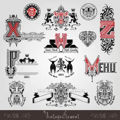 Desenli ve hayvanlı ücretsiz vektörlü vintage heraldik etiketler ve büyük harf seti EPS çizimi