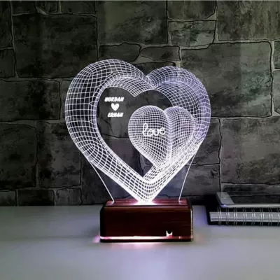 Lazer Kesim İki Kalp 3D Optik İllüzyon Lamba Led Gece Lambası Ücretsiz Vektör AI çizimi