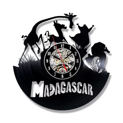 Lazer Kesim Madagaskar Temalı Vinil Plak Duvar Saati Ücretsiz Vektör CDR çizimi