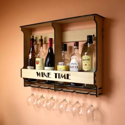 Lazer Kesim Duvara Monte Şaraplık Mini Bar İçki Dolabı 6 Şişe ve Bardak İçin Ücretsiz Vektör CDR çizimi