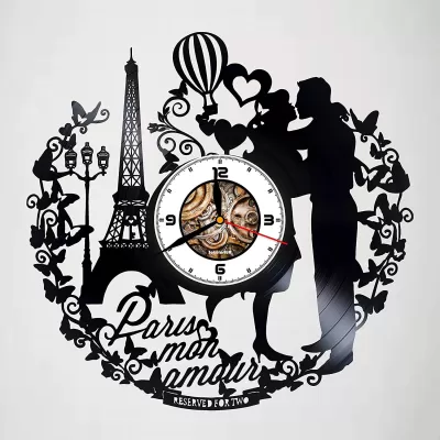 Lazer Kesim Paris Fransa Mon Amour Vinil Plak Duvar Saati DXF Dosyası DXF çizimi