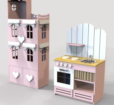 Lazer Kesim Bebek Evi ve Mini Fırın Oyuncak DXF Dosyası DXF çizimi