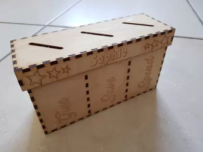 Lazer Kesim Biriktir, Harca, Paylaş 3 Bölmeli Kumbara 3mm SVG Dosyası SVG çizimi