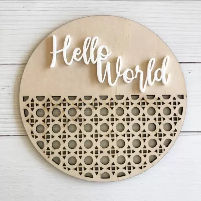Lazer Kesim Rattan Hello World Plaketi CDR çizimi
