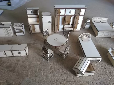 Lazer Kesim Ahşap Oyuncak Bebek Evi Mobilya Seti DXF Dosyası DXF çizimi