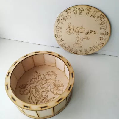 Lazer Kesim Oyma Yuvarlak Ahşap Hediye Kutusu DXF Dosyası DXF çizimi