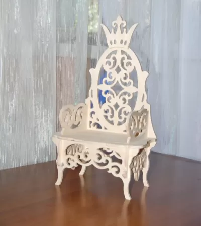 Lazer Kesim Kraliyet Bebek Tahtı Minyatür Bebek Evi Tahtı Barbie Sandalyesi 12mm Ücretsiz Vektör CDR çizimi