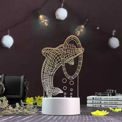Lazer Kesim Yunus 3D Akrilik LED Gece Lambası Ücretsiz Vektör CDR çizimi