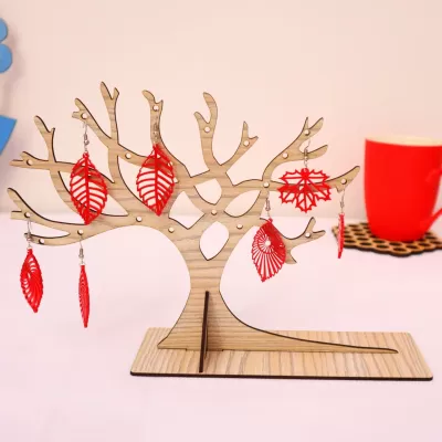 Lazer Kesim Ağaç Şeklinde Küpe Standı MDF 3mm DXF Dosyası DXF çizimi