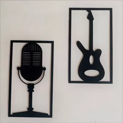Lazer Kesim Gitar ve Mikrofon Duvar Sanatı CDR çizimi