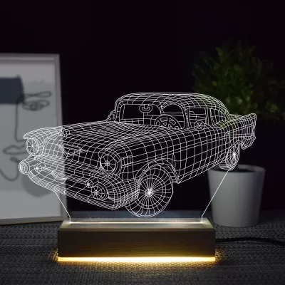 Lazer Kesim Vintage Araba 3D İllüzyon Gece Lambası Ücretsiz Vektör CDR çizimi