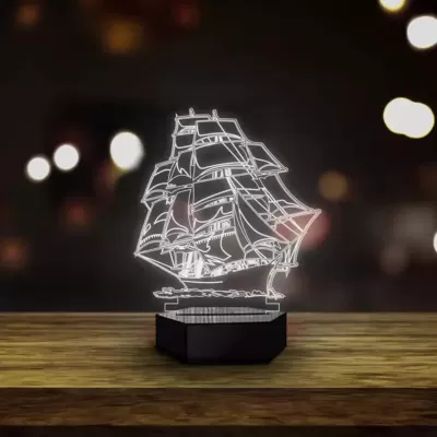 Lazer Kesim Yelkenli Gemi 3D Gece Lambası Ücretsiz Vektör CDR çizimi