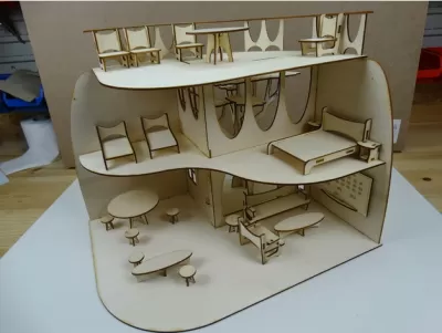 Lazer Kesim Ahşap Oyuncak Bebek Evi Mobilyalı Ücretsiz Vektör CDR çizimi